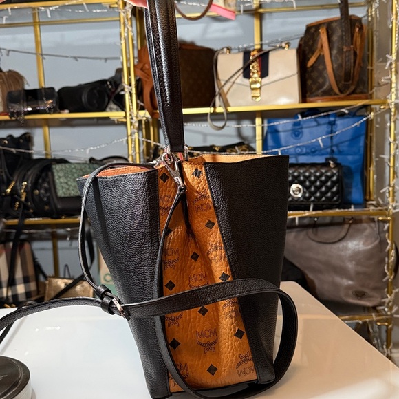 MCM Sarah Black Calfskin Leather & Cognac Visetos Hobo Shoulder Crossbody Bag - Picture 7 of 14